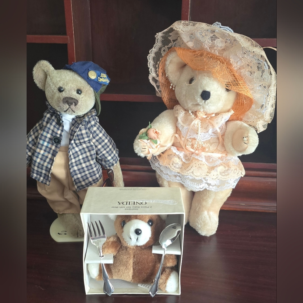 3 Vintage Bears Boy Brass Button Bears / Girl Baby Bear w/ Spoons Oneida